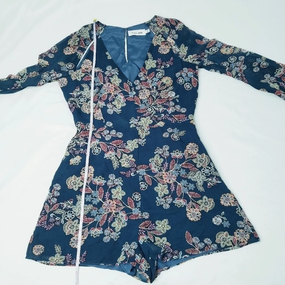 Line + Dot Floral Romper w/Sheer Long Sleeves Blue Multi - Picture 9 of 12